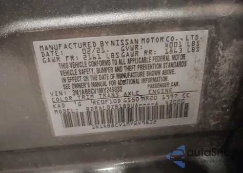 2021 Nissan Sentra Sv Xtronic Cvt z USA, uszkodzony, nr VIN 3N1AB8CV1MY249832